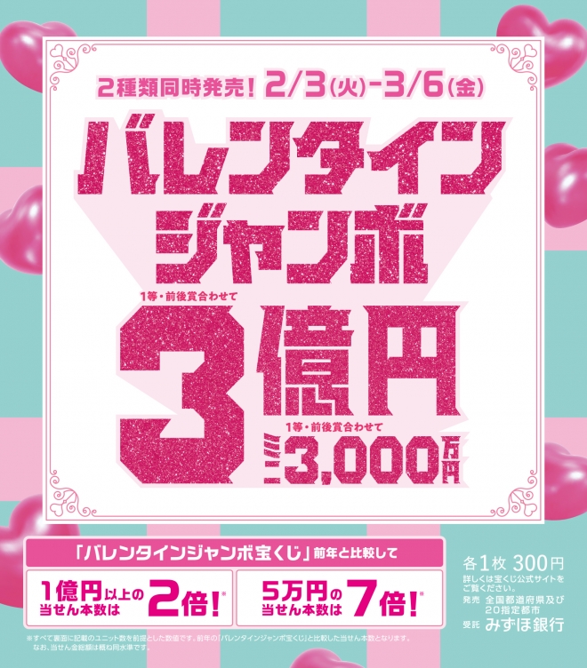 2/3～2種類のバレンタインジャンボ宝くじ同時発売!